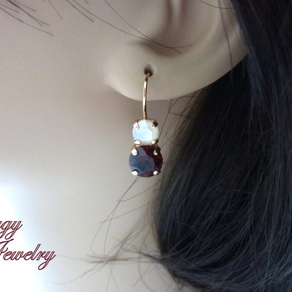 Swarovski Crystal Double Drop Earrings, Ivory Cream and Burgundy, Lever-Back - Picture 4 of 5